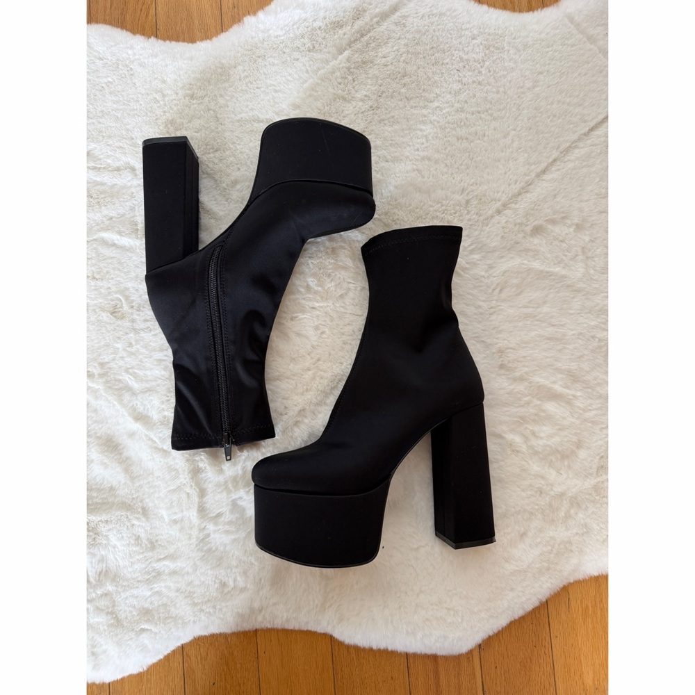 Black Satin High Platform Dancer Ankle Sock Boots fits size 7.5-8 - Picture 3 of 7